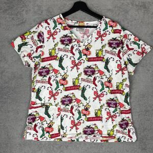 Dr Seuss Grinch Scrub Shirt Women Large Christmas Nurse Tech Vet Holiday Top